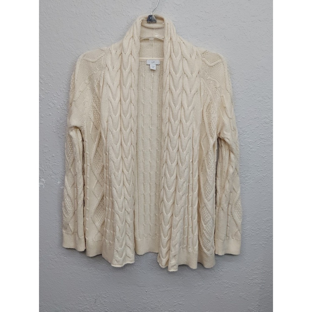 J Jill Cardigan Womens XS Petite Beige Open Front Cable Knit Long Sleeve Career